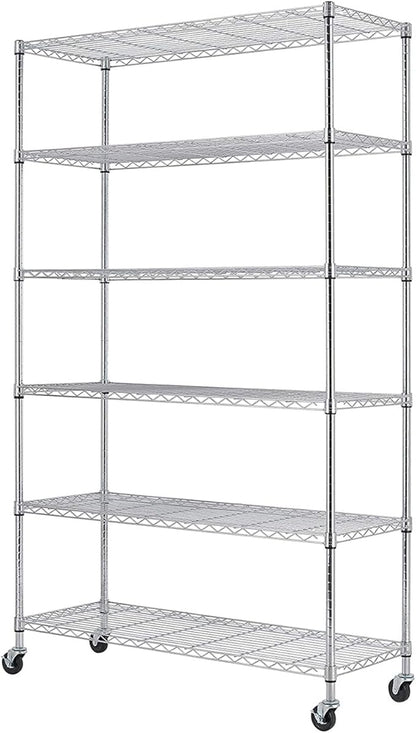 BestOffice | 6-Tier Wire Storage Shelves with Wheels | 18x45x82 | Chrome | Adjustable Racks | Heavy-Duty Metal Shelf, Holds Upto 2100 lbs | No-Tool Assembly | Ideal for Home & Garage Shelving