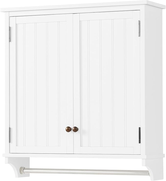 Dover 27” x 29” Wall Mounted Bathroom Storage Cabinet with Shaker Beadboard Doors, Two Adjustable Shelves and a Towel Bar – White Wall Cabinet for Bathroom, Laundry, or Entryway by Alaterre Furniture