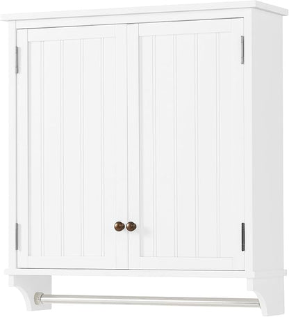 Dover 27” x 29” Wall Mounted Bathroom Storage Cabinet with Shaker Beadboard Doors, Two Adjustable Shelves and a Towel Bar – White Wall Cabinet for Bathroom, Laundry, or Entryway by Alaterre Furniture