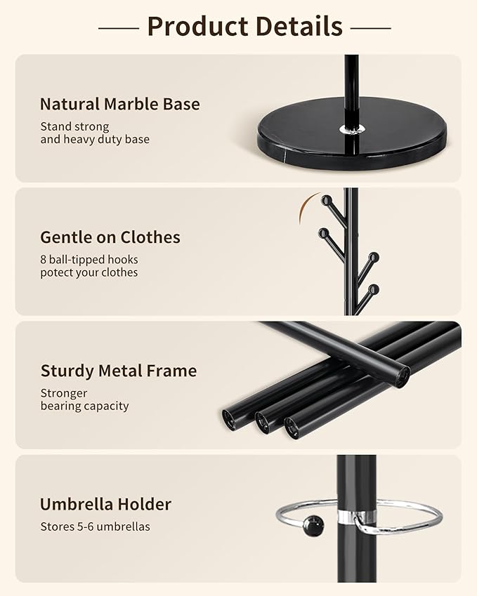 ZOZOE Metal Coat Rack Stand, Modern Coat Rack Freestanding with Natural Marble Base, Sturdy Industrial Coat Racks with 8 Hooks & Umbrella Holder,Black Coat Tree Hanger Stand for Entryway,Office