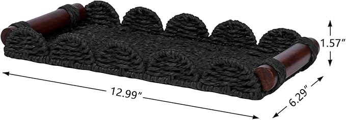 CubesLand Bathroom Toilet Paper Tray Organizer, Scalloped Decorative Tray w/Wood Handle for Counter, Shelves, Wicker Tray for Farmhouse Rustic Home Decor, Coffee Table Decor, Seasonal Decor, Black