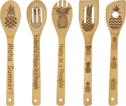 5Pcs Pineapple Wooden Cooking Spoons,Pineapple Gifts,Pineapple Kitche Decor, Pineapple Carve Burned Bamboo Spoons,Pineapple Gifts for Women Housewarming wedding Birthday Mom Cooking Gifts