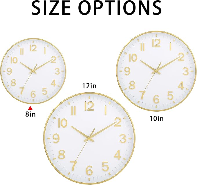 HZDHCLH Wall Clocks Battery Operated,Wall Clock White Gold,8 inch Wall Clock Silent Non Ticking Modern 3D Numbers for Office Kitchen Classroom Bedroom Living Room Decor