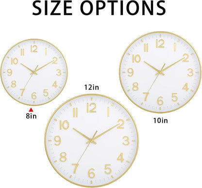 HZDHCLH Wall Clocks Battery Operated,Wall Clock White Gold,8 inch Wall Clock Silent Non Ticking Modern 3D Numbers for Office Kitchen Classroom Bedroom Living Room Decor