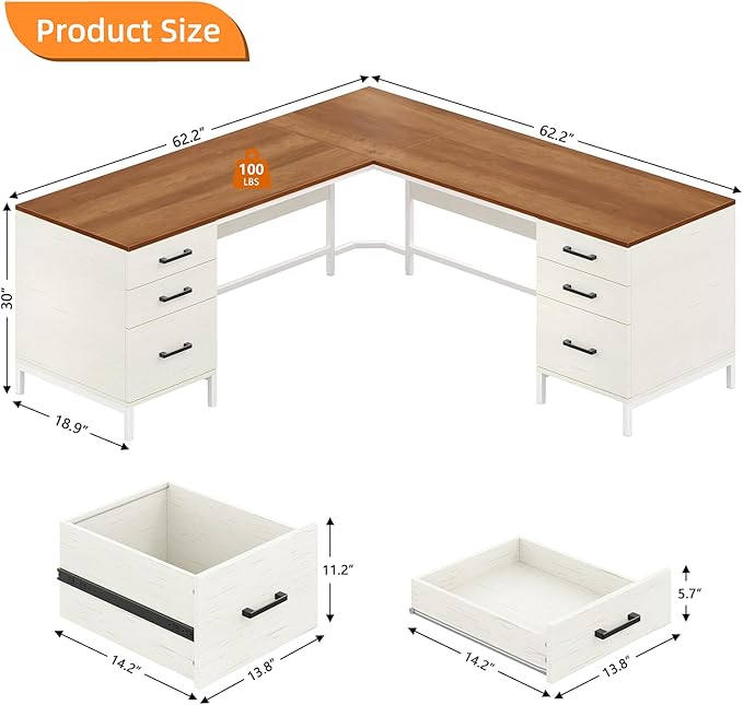 TVU 59’‘ L Shaped Desk with 6 Wood Drawers, Large Home Office Corner Computer Desk with Storage File Cabinet, Modern Metal Wood Desk for Executive Writing Study Workstation