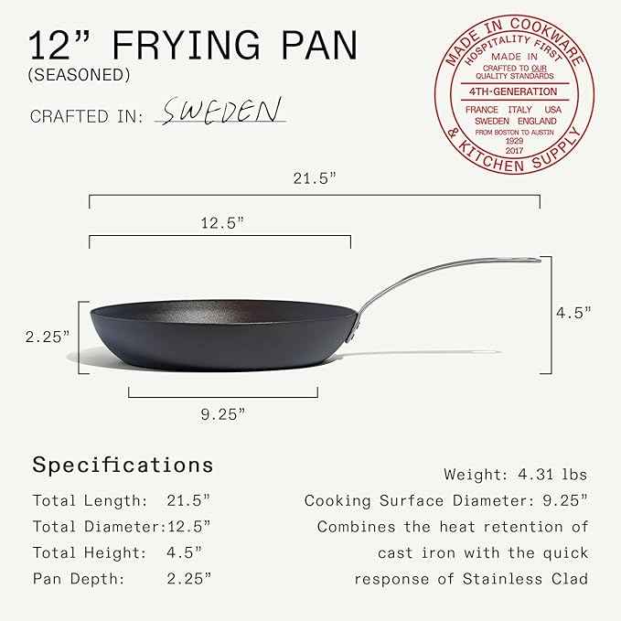 Made In Cookware - Seasoned 12" Blue Carbon Steel Frying Pan - (Like Cast Iron, but Better) - Professional Cookware - Crafted in Sweden - Induction Compatible