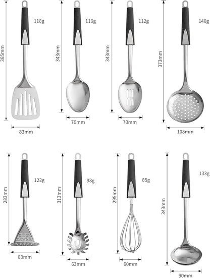 Stainless Steel Kitchen Utensil Set-8 PCS Stainless Steel Kitchen Utensil Set, Nonstick Kitchen Gadgets Cookware Set with Black PP Handle