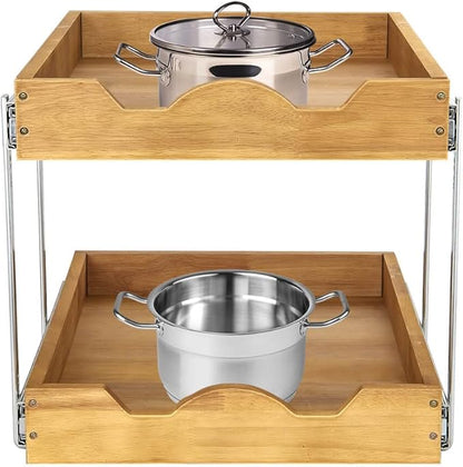 DINDON 2 Tier Pull Out Cabinet Organizer (14" W x 21" D) Double Tier Slide Out Wood Drawer Under Cabinet Storage And Organization