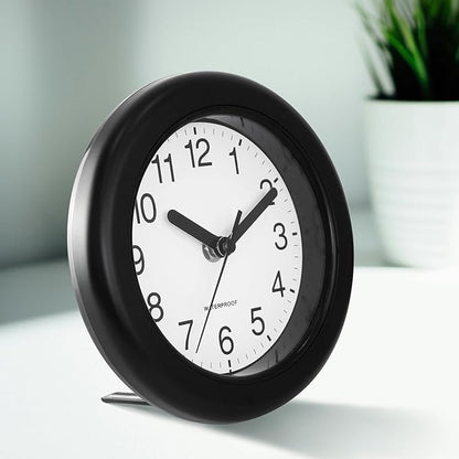 Caysie 6.5 Inch Sealed Small Indoor Outdoor Clock Waterproof, Hanging or Standing Silent Battery Operated Wall Clocks for Pool Patio Bathroom Shower (Black)