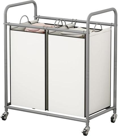 SUOERNUO Laundry Sorter Basket 2 Bag Laundry Hamper Cart with Rolling Removable Bags Laundry Organizer Cart for Clothes Storage, Beige (2 Bags, Beige)