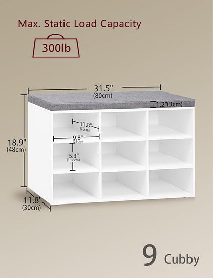 DINZI LVJ Shoe Storage Bench with Cushion, Cubby Shoe Rack with 9 Cubbies, Adjustable Shelves, Multifunctional Shoe Organizer Bench for Entryway, Mudroom, Hallway, Closet and Garage, White