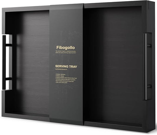 Fibogollo Bamboo Serving Tray with Metal Handles,17x12in Ottoman Decorative Trays Platter for Coffee Table,Living Room,Bar,Party,Large(Black)
