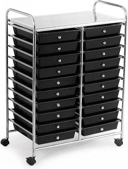 GOFLAME 20-Drawer Rolling Storage Cart, Multifunctional Art Craft Organizer Cart, Mobile Utility Storage Cart with Removable Drawers & Lockable Wheels, Craft Cart for Home Office School, Black