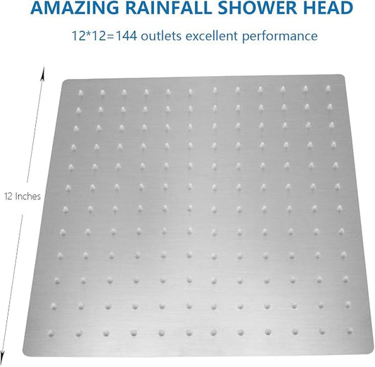 NearMoon Rain Shower Head, High Flow Stainless Steel Square Rainfall Shower, Waterfall Bath Shower Body Covering, Ceiling or Wall Mount (12 Inch, Brushed Nickel)