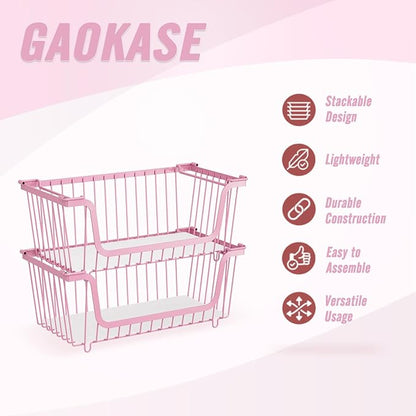 GAOKASE 4 Pcs Stackable Wire Baskets for Pantry Organizers and Storage,Vegetable Fruit Basket for Countertop,Kitchen Storage Metal Baskets,Produce Potato Onion Storage Bin,pink