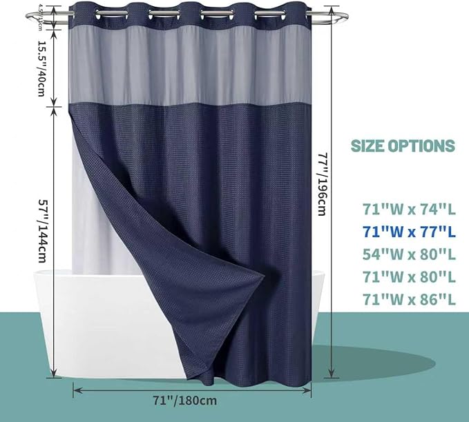 Navy No Hook Waffle Weave Shower Curtain with snap-in Liner Replacement, 230GSM Waterproof Fabric Hotel Shower Curtain Set for Bathroom, Through Mesh Top Window,71Wx77H