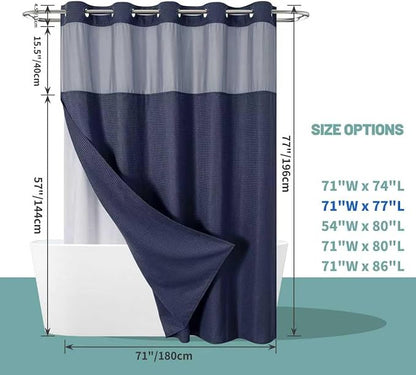 Navy No Hook Waffle Weave Shower Curtain with snap-in Liner Replacement, 230GSM Waterproof Fabric Hotel Shower Curtain Set for Bathroom, Through Mesh Top Window,71Wx77H
