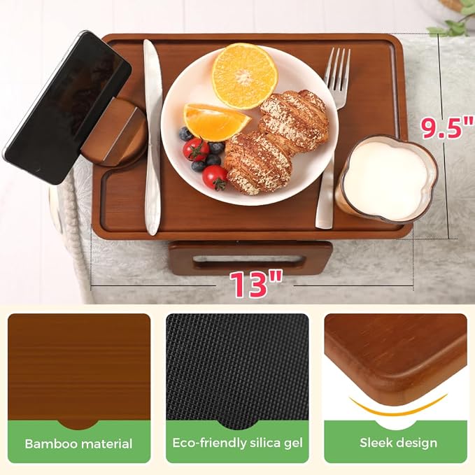 Smatdecis Couch Arm Tray Table Sofa Arm Clip, Armrest Tray Table Suitable for Home Drinks/Fast Food/Fruit Etc, Large Size Multi-Function Brown(360° Rotating Stand A)