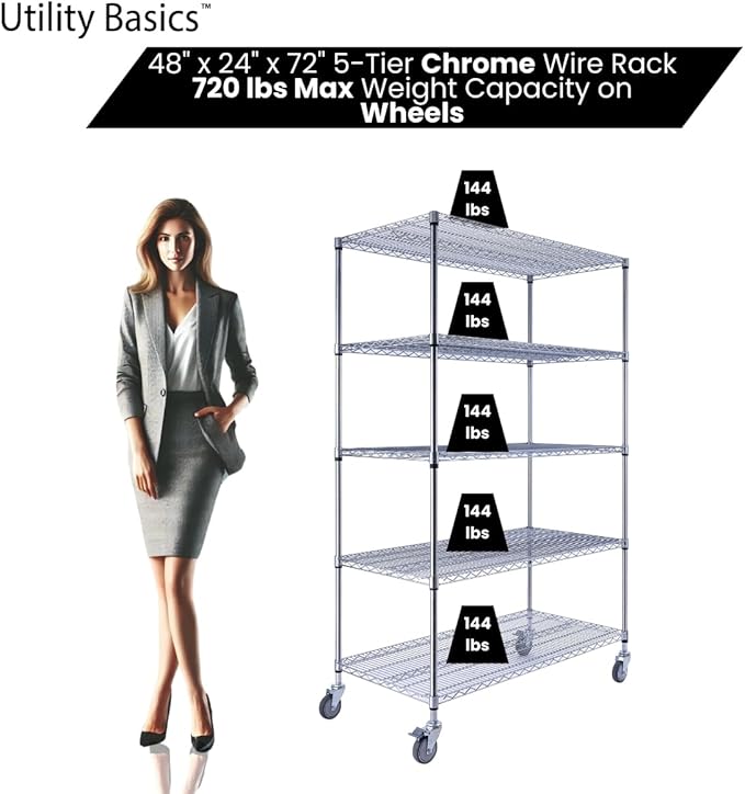 Utility Basics NSF Commercial 5-Tier Wire Shelving with Wheels, 48"x24"x72" Heavy Duty Metal Shelves 4000 lbs Max Capacity, Chrome Storage Rack for Garage Kitchen Pantry Warehouse