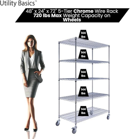 Utility Basics NSF Commercial 5-Tier Wire Shelving with Wheels, 48"x24"x72" Heavy Duty Metal Shelves 4000 lbs Max Capacity, Chrome Storage Rack for Garage Kitchen Pantry Warehouse