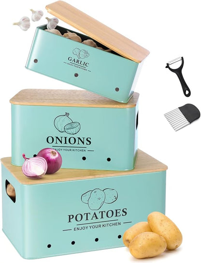 Kitchen Vegetable Storage Set of 3, Metal Onion Garlic Potato Storage Set, Kitchen Canisters Vegetable Keeper Containers with Aerating Holes and Bamboo Lid，Blue
