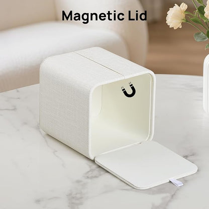 Cretkhp Square Tissue Box Cover with Magnetic Closure, Modern PU Leather Tissue Box Holder for Bathroom Vanity Countertop Night Stands Bedroom Office Desk, Stylish Cube Tissue Holder (Cream)