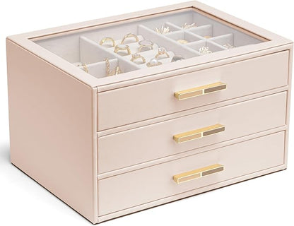 VLANDO Jewelry Box for Women, Glass Lid Jewelry Organizer with 3 Drawers for Necklaces Rings Earrings Bracelets - Nude Pink