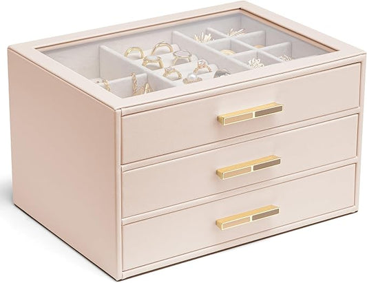 VLANDO Jewelry Box for Women, Glass Lid Jewelry Organizer with 3 Drawers for Necklaces Rings Earrings Bracelets - Nude Pink