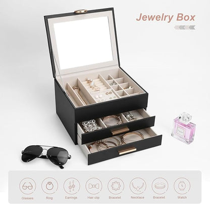 Large Jewelry Organizer Box with Mirror - Features Ring Rolls, Necklace Hooks, Earring Slots, Plush Interior for Luxury Protection Black