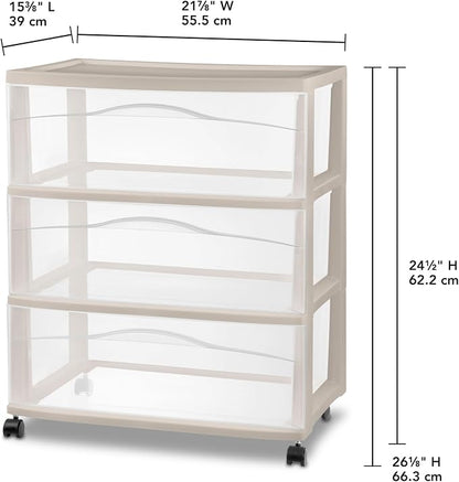 Sterilite 4 Pack Wide 3 Drawer Storage Cart, Rolling Organization, Grey | Clear Plastic Organizer Drawers with Wheels for Craft Supplies, Bath Essentials, or Home Accessories