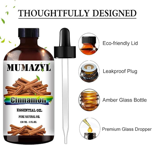 Cinnamon Essential Oil, Cinnamon Oil 4 Fl Oz 120ML for Diffuser Humidifier Yoga Cleaning DIY Candle Soap Making MUMAZYL Essential Oils
