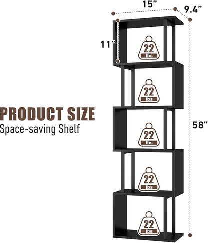 Gadroad 5-Tier Bookshelf, Tall S-Shaped Geometric Bookcase, Wood and Metal Decorative Storage Shelving, Modern Freestanding Display Shelves, Book Shelf Unit for Living Room Bedroom Home Office, Black