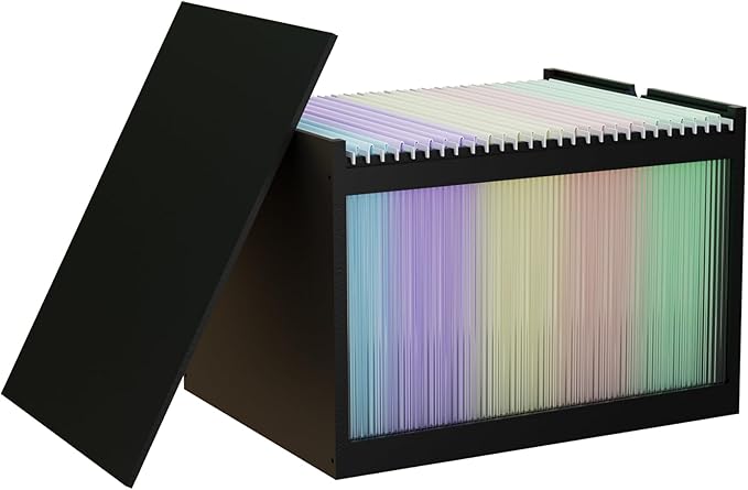 LONTAI Black Bamboo & Acrylic File Box with Removable Lid, Letter/Legal Size, Hanging Folders, Dustproof, Home Office Storage