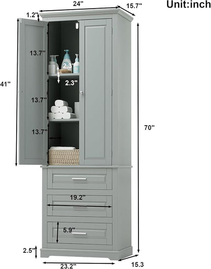 Storage Cabinet, Tall Bathroom Cabinet with Adjustable Shelf | Tall storage cabinet, upper enclosed cabinet and 3 pull-out compartments keep daily essentials organized