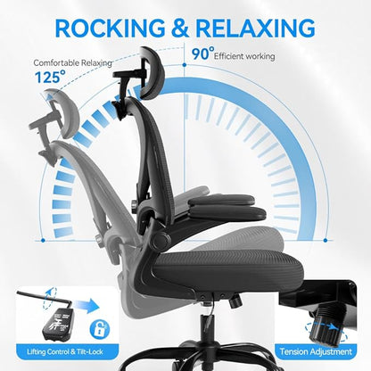Ergonomic Office Chair with Headrest 3D, Mesh Office Desk Chair with Adjustable Lumbar Support, Computer Chair with Flip up Armrests, 350LBS Capacity - Design for Home/Offices - Black