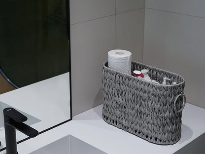 Toilet Paper Storage,Narrow Toilet Paper Basket for Bathroom,Large Toilet Paper Organizer for 6 Mega Rolls,Waterproof Wicker Bathroom Storage Basket,Free Standing,Grey