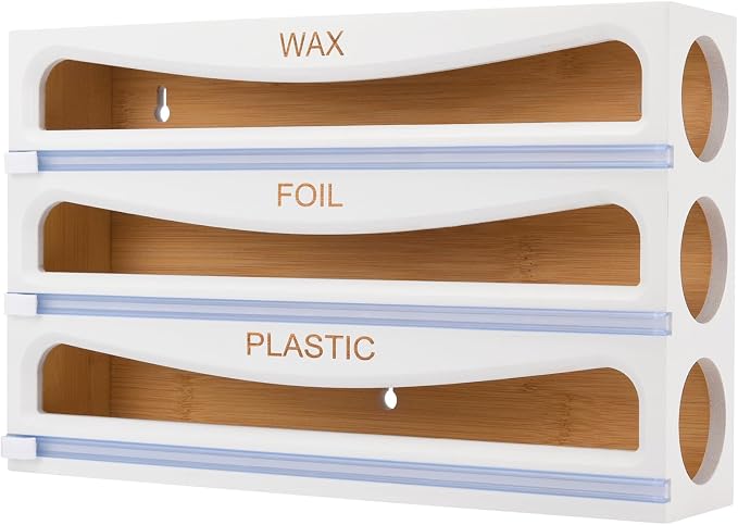 Bamboo Wrap Dispenser with Cutter, Plastic Wrap Organizer, Aluminum Foil Organization, and Wax Paper Dispenser Holder for Kitchen Drawer and Wall, Compatible with 12" Roll (02 White)