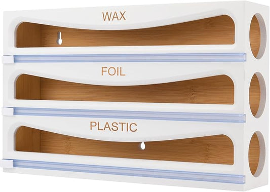 Bamboo Wrap Dispenser with Cutter, Plastic Wrap Organizer, Aluminum Foil Organization, and Wax Paper Dispenser Holder for Kitchen Drawer and Wall, Compatible with 12" Roll (02 White)