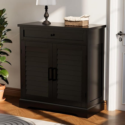 ChooChoo Shoe Cabinet with Doors, 4-Tier Shoe Storage Cabinet with Drawer and Shelves, Wooden Shoe Rack Organizer for Entryway, Hallway, Closet, Black