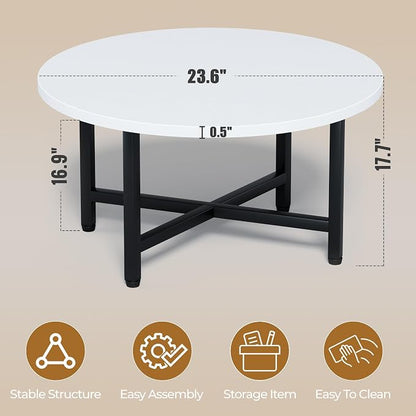 Coffee Table, 23.6" Small Coffee Tables, Gray Round Coffee Tables for Living Room, Floor Table for Sitting on The Floor, Center Coffee Table with Metal Frame for Office Apartment Home, White