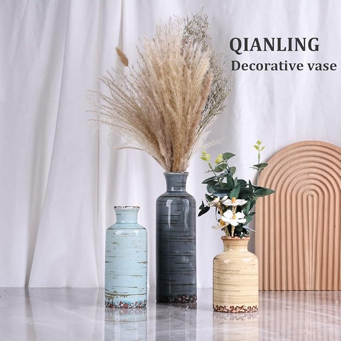 Ceramic Vase Set - 3 Small Flower Vases Home Decor, Modern Rustic Farmhouse Pottery Vases for Centerpieces, Living Room, Kitchen, Shelf, Bedroom, Bathroom, Fireplace, Table Shelf and Entryway Decor
