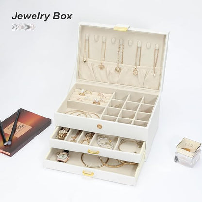 Jewelry Organizer Box, Women Jewelry Box 3 Layers with 2 Drawers, Large Jewelry Organizers Jewelry Boxes Display Earring Necklace Watch Bracelet and Rings, White