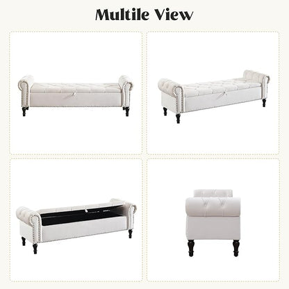 Velvet Storage Bench 67 Inch Upholstered Tufted Ottoman Bench with Arms Large Storage Space King Size End of Bed Benches for Bedroom Living Room Entryway Beige