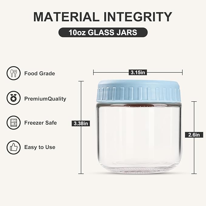 SHOWIN Overnight Oats Containers with Lids, 10oz Glass Jars with Lids 4 pcs, Light Blue, Wide Mouth Mason jars for Salad, Yogurt, Snacks, Meal Prep