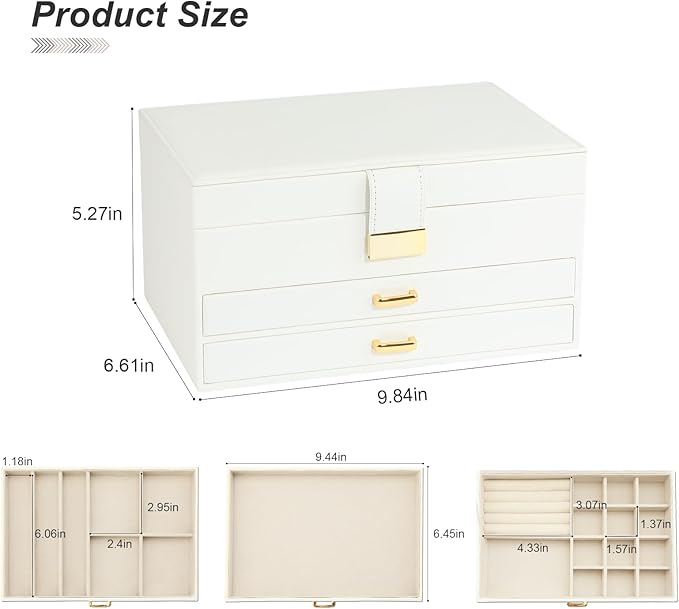 Jewelry Organizer Box, Women Jewelry Box 3 Layers with 2 Drawers, Large Jewelry Organizers Jewelry Boxes Display Earring Necklace Watch Bracelet and Rings, White