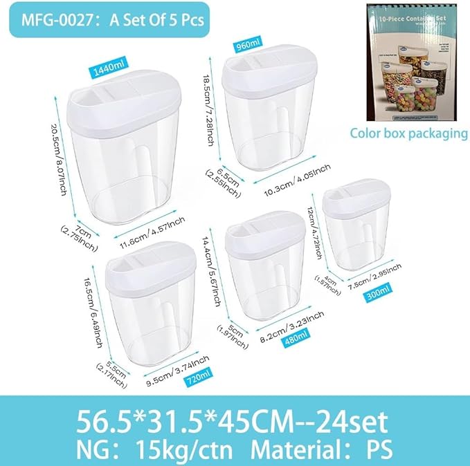 BPA-Free Plastic Sealing Canister Set (5-Piece) for Grains, Snacks, Nuts, Coffee - Clear Kitchen Storage Containers