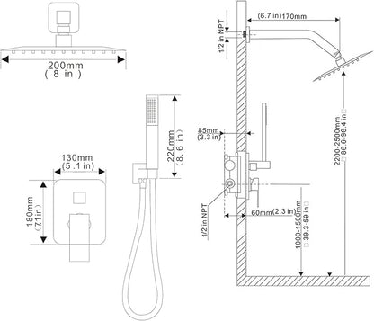 Shower Faucet Set 8 Inch Rainfall Shower Head and Handheld Shower High Pressure Rainfall Shower Head System Shower Faucet Set with Valve and Trim