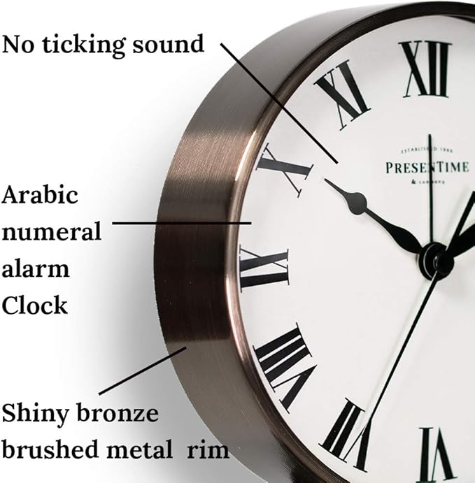Presentime & Co Lewis Mantel Alarm Clock, Desk and Shelf Clock, Tabletop Decoration, 5.5 x 5 inch, Silent no Ticking, Metal Base, Bronze Finish, Roman Numeral