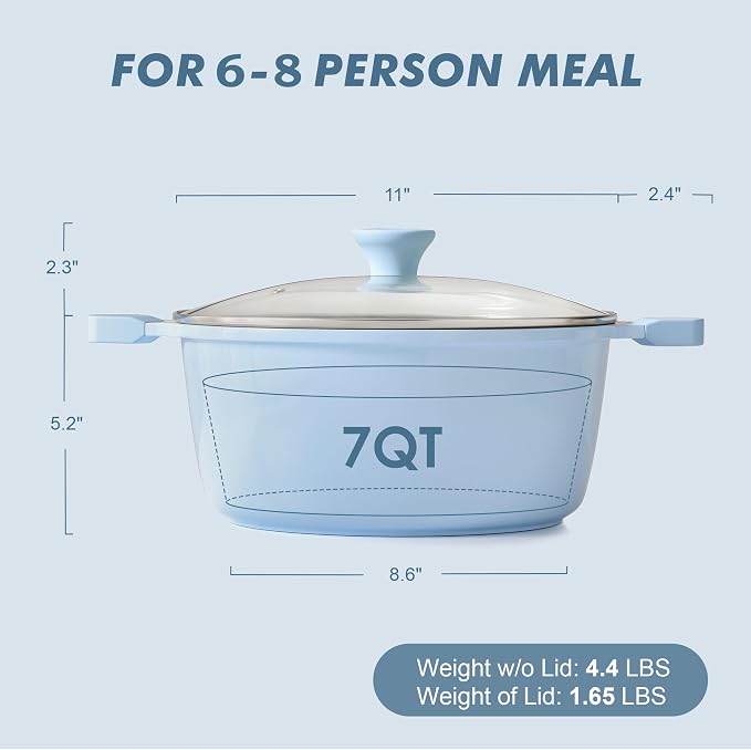 SENSARTE Ceramic Nonstick Stock Pot with Lid, 7 Quart Induction Cooking Pot with Tempered Glass Lid, Stew Pot for Soup and Oatmeal, Pasta Casserole, PFOA PFAS PTFE Free, Blue