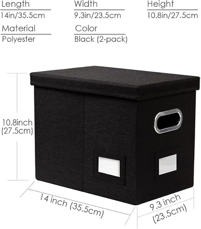 PRANDOM File Organizer Box - Set of 2 Collapsible Decorative Linen Filing Storage Hanging File Folders with Lids Office Cabinet Letter Size Black (14x9.3x10.8 inch)